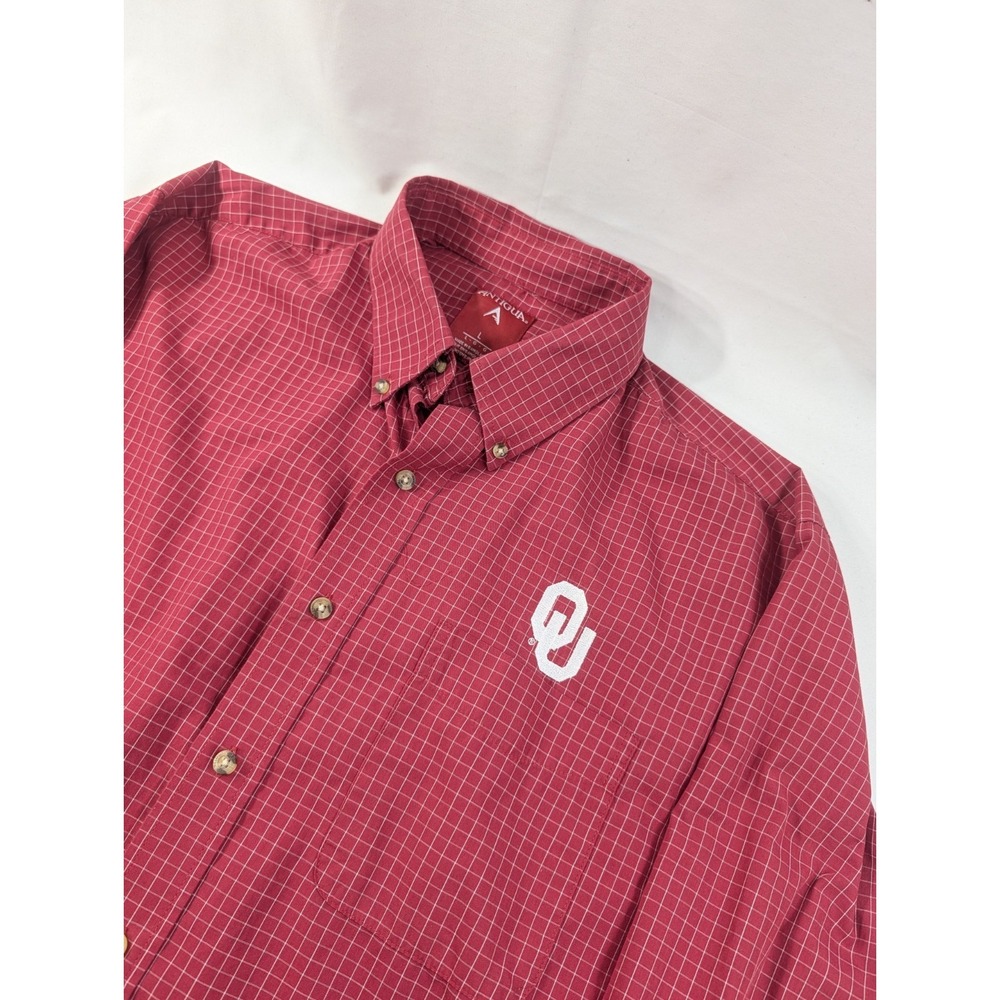 Antigua Oklahoma Sooners Shirt Large Red Graph Plaid Button Down Long Sleeve